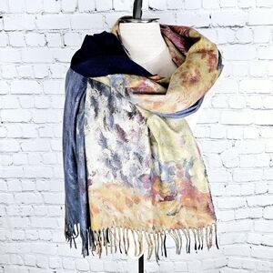 Abstract print wool blend large fringe shawl scarf
